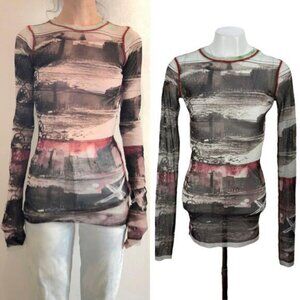 JEAN PAUL GAULTIER Vintage Long Sleeve Mesh Top Sz Large Berlin Wall City Scape